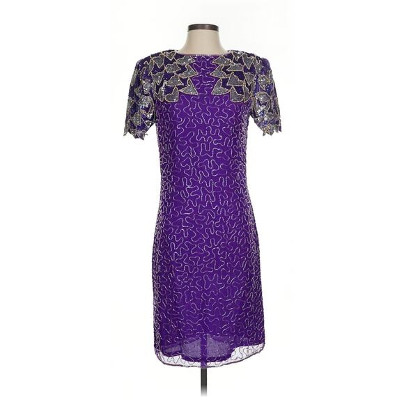 NWT VTG Carina Beaded Midi Dress Purple Silk 80s Hearts Disco Mardi Gras Small - Picture 1 of 4
